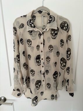 Sheer Beige Skull-Print Button Front Blouse